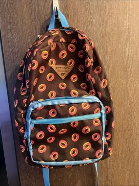 Odd Future brown Backpack with Pink and Yellow Donut Print and Blue Trim